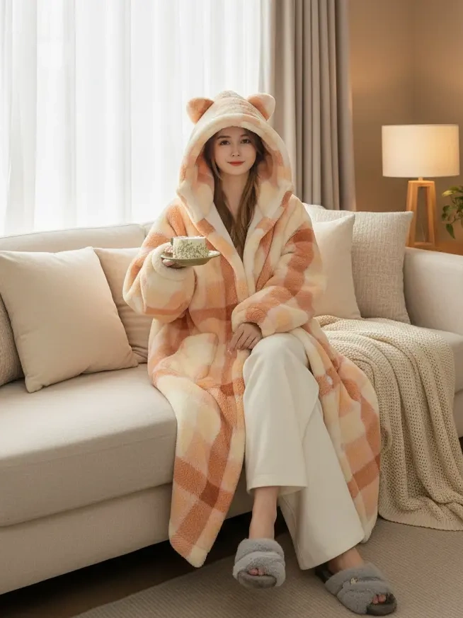 Extra Thick and Loose-Fitting Pajamas for Deep Winter, New Autumn and Winter Style, Warm Hooded Robe That Can Be Worn Outside, Loungewear
