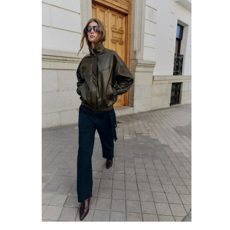 Yueyue 2026 Spring New Women's Clothing Loose Long Sleeve Stand Collar Faux Leather Bomber Jacket 3046027