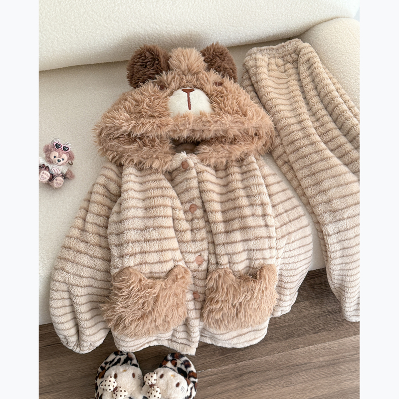 Coral Fleece Pajamas for Women, Autumn and Winter, Thickened and Fleece-Lined, Hooded Flannel, Cartoon Bear, 2026 New Style Loungewear