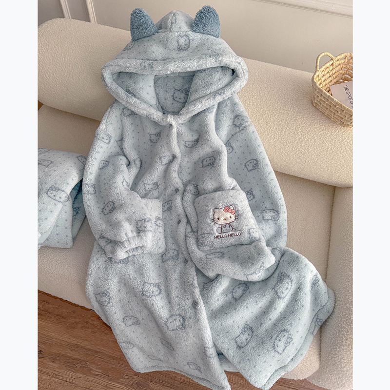 Women's Nightgown for Autumn and Winter, Coral Velvet, Fleece-Lined, Thickened, Hooded Pajamas, Flannel Bathrobe, Cute Hooded Loungewear