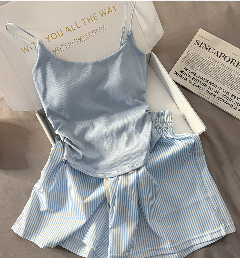 With chest pad All in one camisole vest female summer pure desire wind camisole stripe shorts pajamas Home Furnishings Two piece set