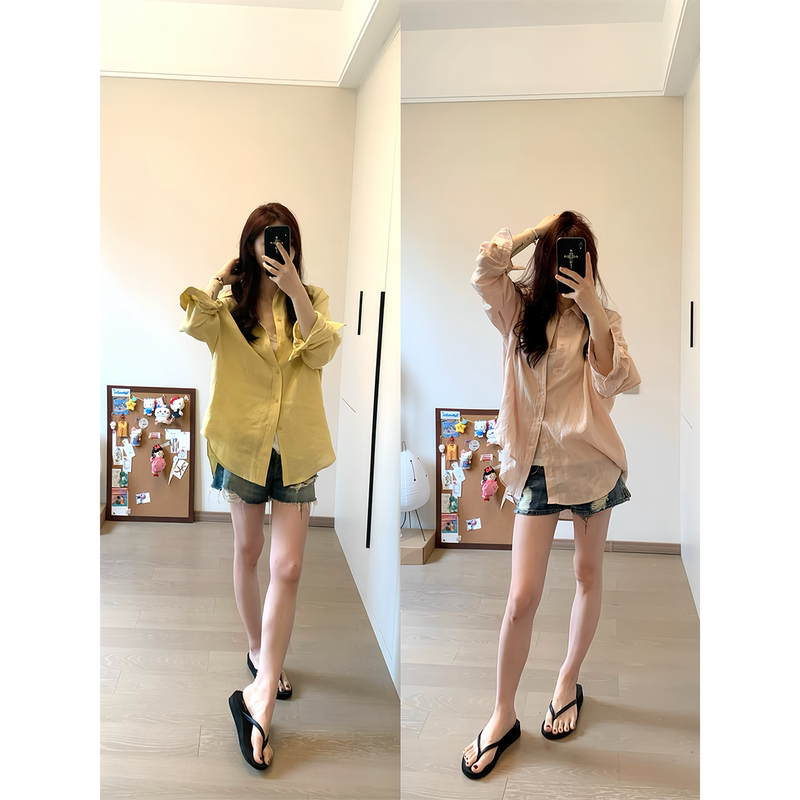 Gulu·【100% Linen】Yellow Skin Tone Selection Softening Shades Summer Sunshine Shirt Gulu·【100% Linen】Yellow Skin Tone Selection Softening Shades Summer Sunshine Shirt