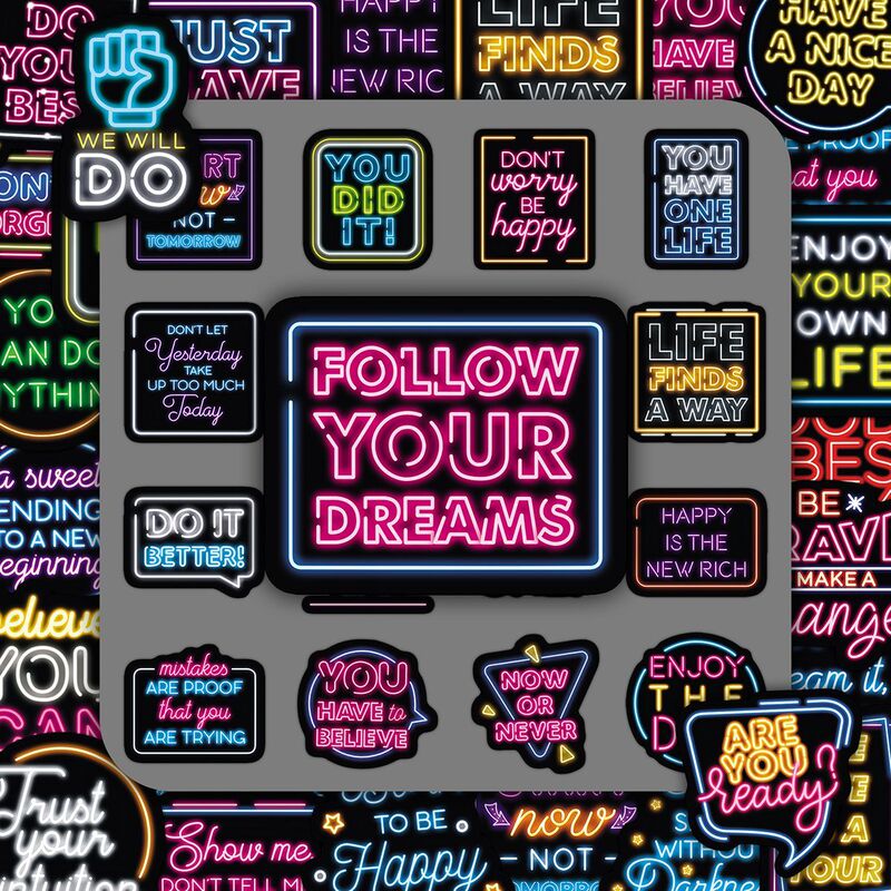 100 Trendy Neon Cartoon Inspirational English Letter Personalized Decorative Waterproof Tablet Notebook DIY Stickers