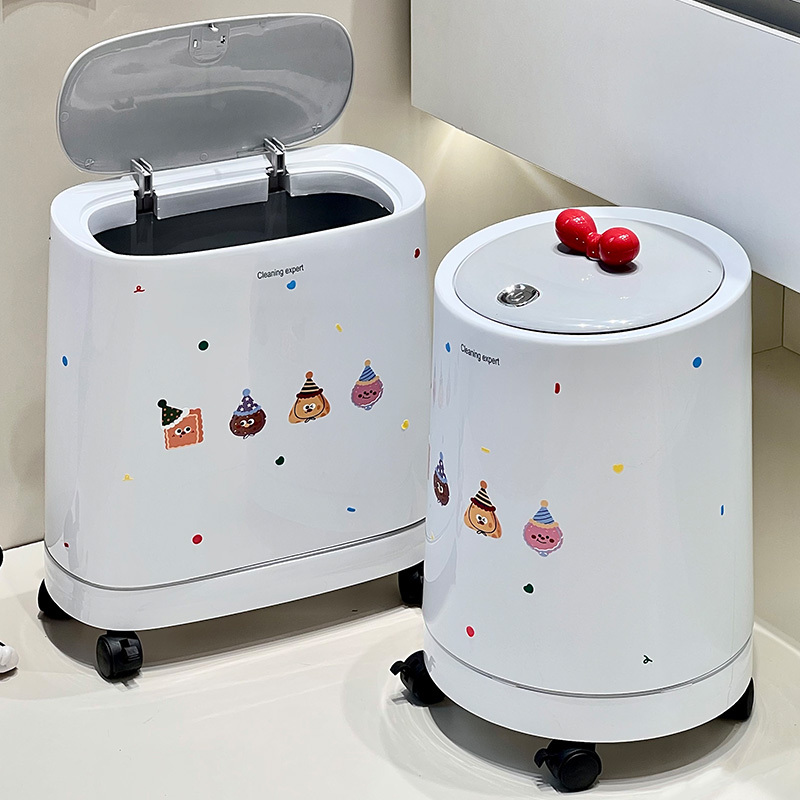 A Corner of Life: Rolling Trash Can for Home Use in the Bathroom or Living Room, Movable with Lid, Double Bin, Press-Type Narrow Gap Waste Bin