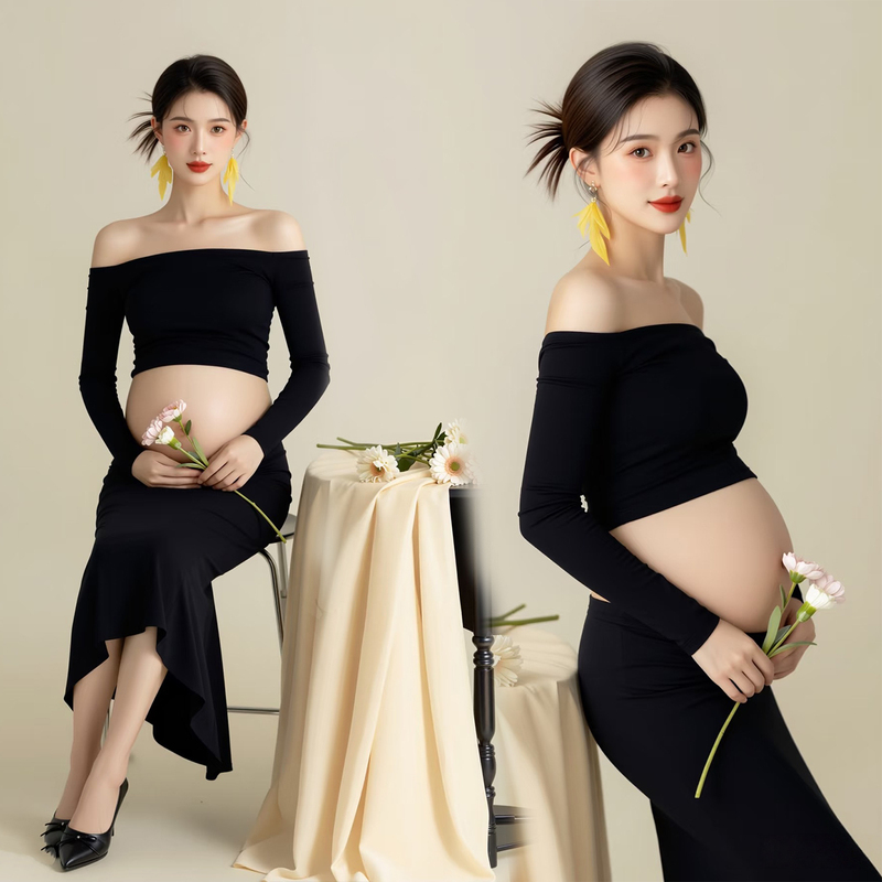 Photo Studio Maternity Photography Clothing, Black Off-Shoulder Long-Sleeved, High-End, Fashionable, Slimming, Belly Art Photo Photography Clothing Photo Studio Maternity Photography Clothing, Black Off-Shoulder Long-Sleeved, High-End, Fashionable, Slimming, Belly Art Photo Photography Clothing