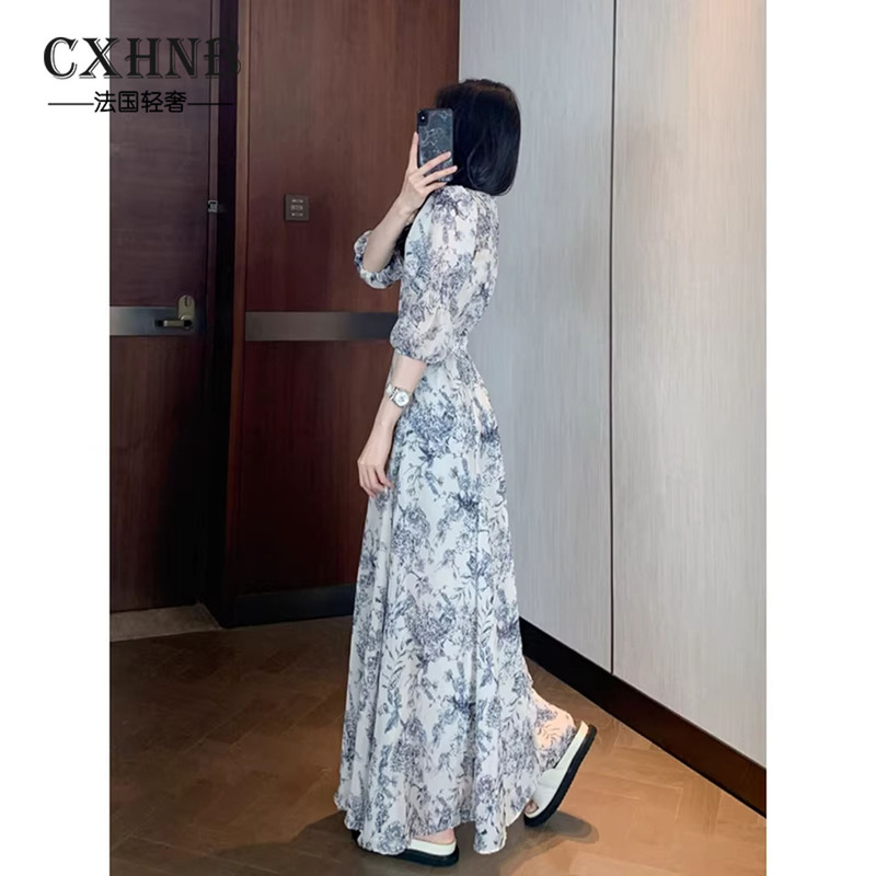 Cxhnb Romantic 2026 New Korean Style Elegant Gray Blue Floral Chiffon Dress Long Dress Mid-Length with Waist Tie Cxhnb Romantic 2026 New Korean Style Elegant Gray Blue Floral Chiffon Dress Long Dress Mid-Length with Waist Tie