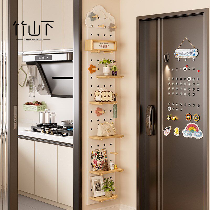 Solid wood hole board storage rack behind the door narrow rack r gap 30cm wide entrance entrance wall entrance storage shape