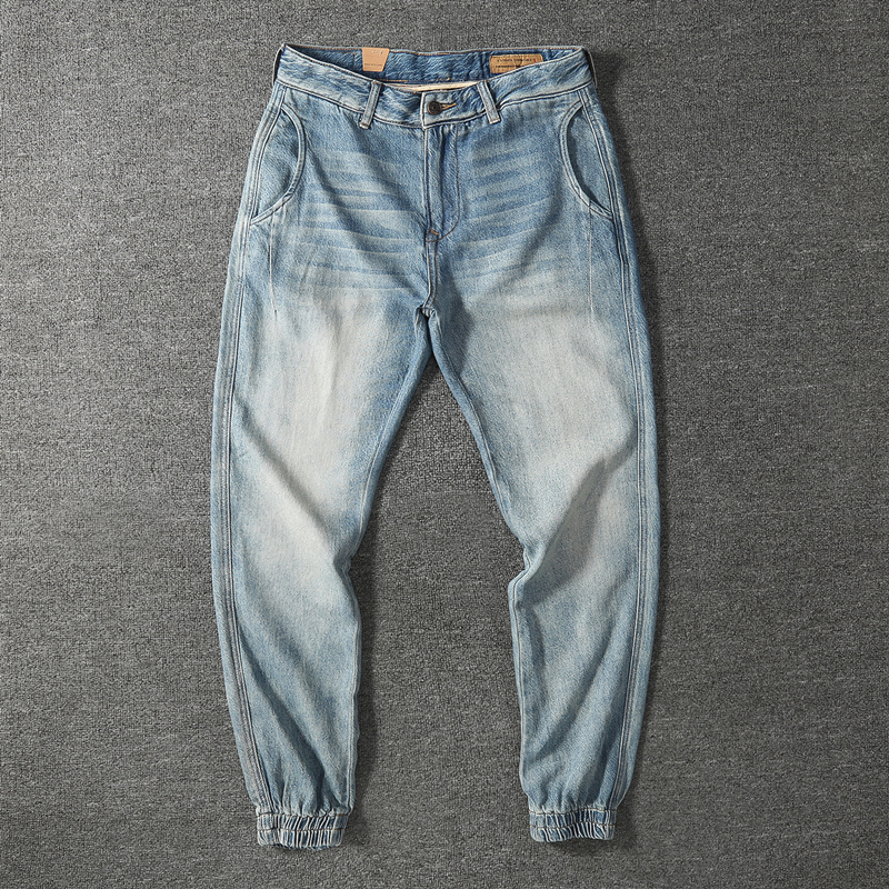 Fermented Scrub Wash Industrial Style Jeans with Tapered Legs for Men, Trendy Washed and Distressed Gray Casual Slim-Fit Tencel Jeans