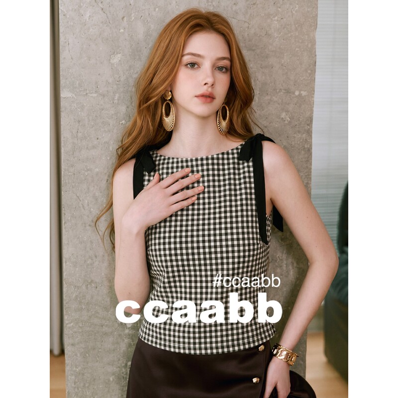 It: Ccaabb Black and White Checkered Bow Vest Women's Early Autumn New Design Elegant Sleeveless Top It: Ccaabb Black and White Checkered Bow Vest Women's Early Autumn New Design Elegant Sleeveless Top