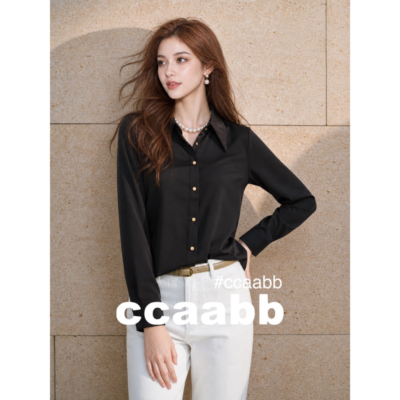 It:Ccaabb Black Lapel Satin Shirt for Women 2026 Autum New Style Simple Work Clothing Long-Sleeved Elegant Shirt