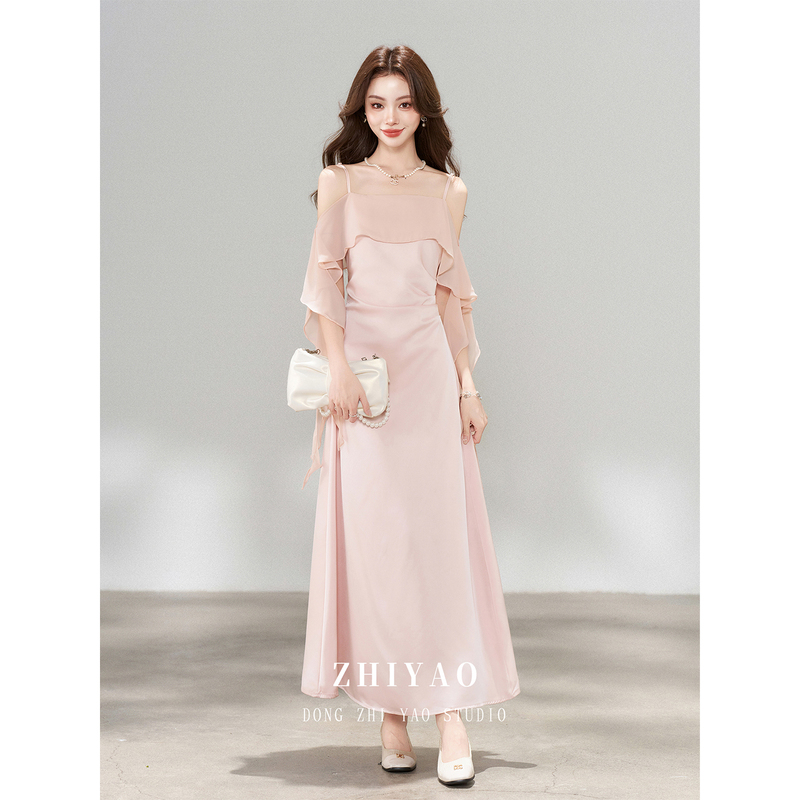 Dong Zhiyao's New Summer French-Style Pink Satin Slip Dress for Women, High-End Elegant Gown with a Waist-Cinching Design