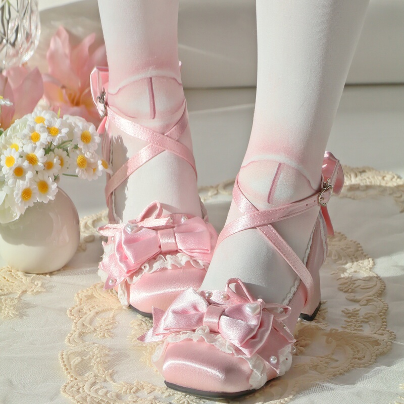 [Ballet under the Moon] Original Lolita Ballet Shoes with Bowknot, Elegant Chunky Heel Mary Jane Shoes, Satin Flats