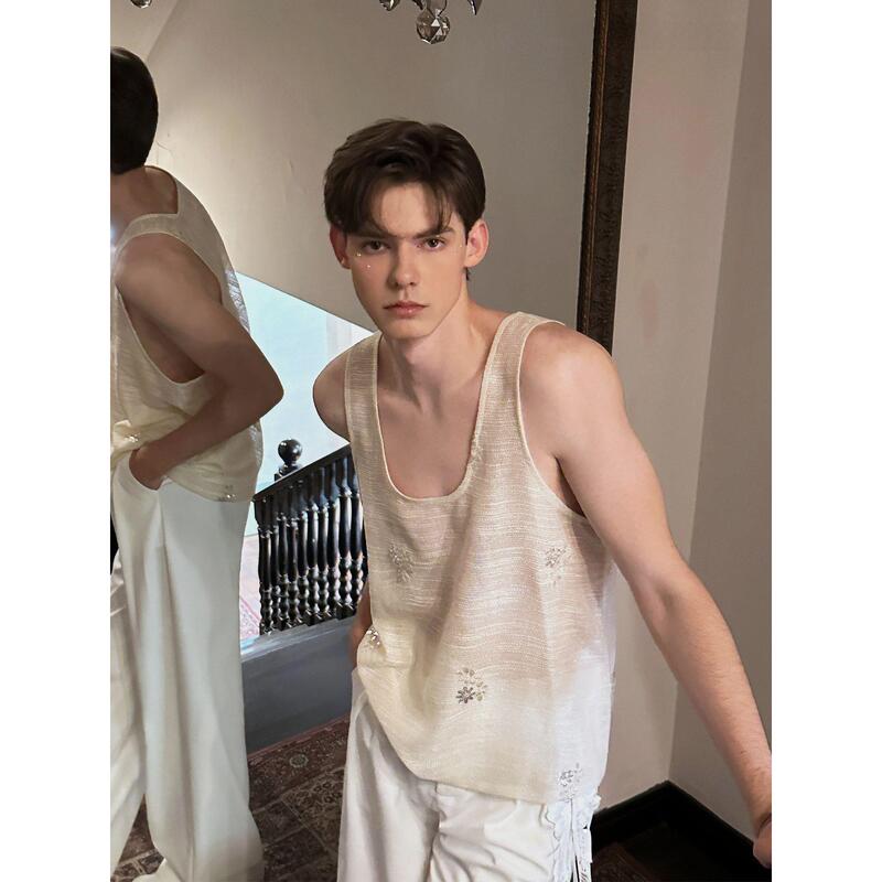 Casual Sleeveless Vest for Men, Mesh Slightly See-Through Designer Style, Relaxed and High-End, Loose-Fitting Vest, Summer Vest