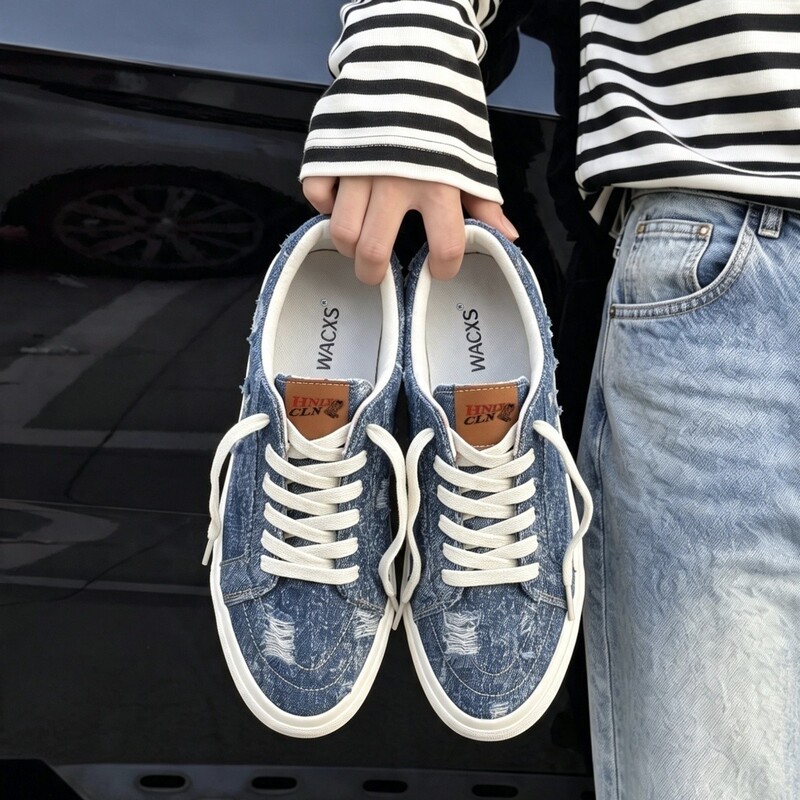 Flat Top Blue Ripped Patch Sneakers Washed Vintage Denim Canvas Retro Couple Casual Shoes Flat Top Blue Ripped Patch Sneakers Washed Vintage Denim Canvas Retro Couple Casual Shoes