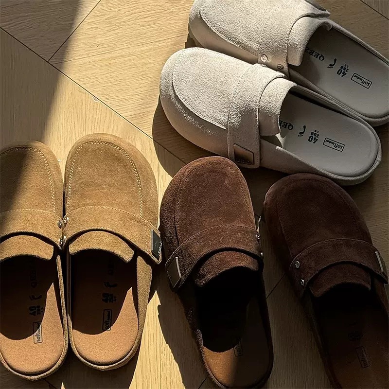 Nese Gentlemen's Shoes "Loafer Chunky Toe" Italian Suede Height-Increasing Slippers Minimalist Velcro Mule Slippers
