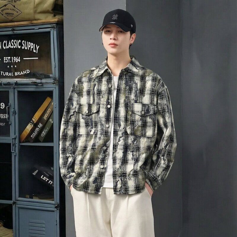 Plaid Ink-Splattered Shirt Men's Jacket 2026 New American Retro Trendy Brand Loose Casual Tie-Dye Long-Sleeve Shirt Plaid Ink-Splattered Shirt Men's Jacket 2026 New American Retro Trendy Brand Loose Casual Tie-Dye Long-Sleeve Shirt