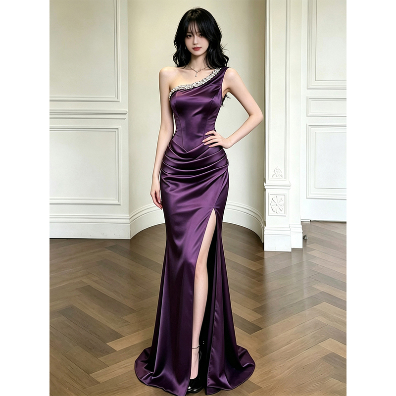 Purple Evening Dress for Women, Satin One-Shoulder Birthday Party Dress, Sexy Banquet Host Long Dress Purple Evening Dress for Women, Satin One-Shoulder Birthday Party Dress, Sexy Banquet Host Long Dress