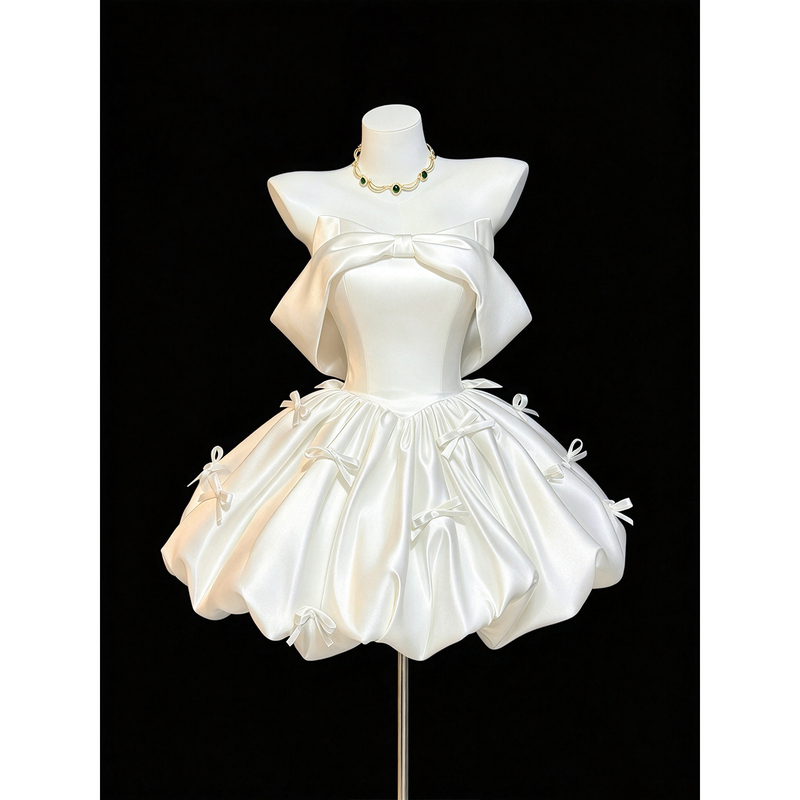 White Satin Birthday Party Dress for Women, Simple and Lightweight with Bow, Coming-Of-Age Ceremony Princess Dress, Wedding Light Wedding Dress