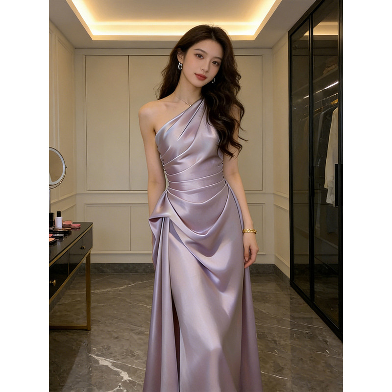 Purple Evening Dress for Women, High-End Light Luxury Banquet Off-Shoulder Hostess Dress, Satin Bridal Engagement Wedding Toast Dress Purple Evening Dress for Women, High-End Light Luxury Banquet Off-Shoulder Hostess Dress, Satin Bridal Engagement Wedding Toast Dress