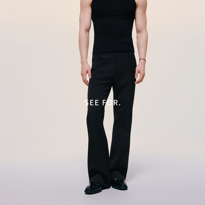 See for Basic Commuting 646 Style Tr Blend Black Casual Pants for Men, High-End Loose Fit Flared Pants