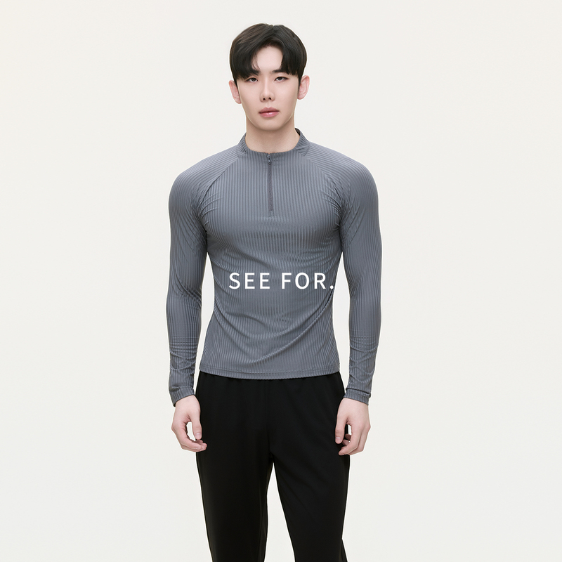 See For【Urban Sports Series】Quick-Drying Striped Half-Zip Fitness Long-Sleeve T-Shirt for Men, Autumn Base Layer Shirt