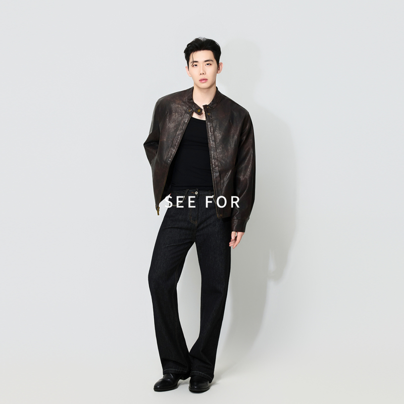 See For【Tie-Dye Frost Series】Hunting-Style Harrington Pu Leather Jacket Men's Short Loose Motorcycle Jacket See For【Tie-Dye Frost Series】Hunting-Style Harrington Pu Leather Jacket Men's Short Loose Motorcycle Jacket