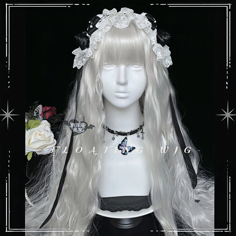 Extreme Day | Floating Tower 1.0m Gothic Silver-White Wig Dark Black Water Ripple Long Curly Hair Extreme Day | Floating Tower 1.0m Gothic Silver-White Wig Dark Black Water Ripple Long Curly Hair