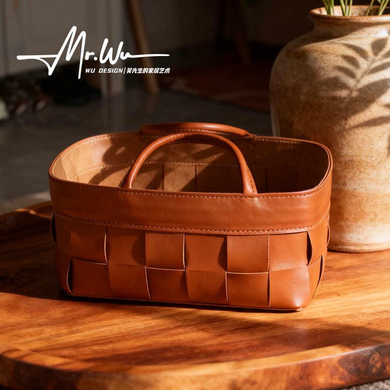 "Mr. Wu's Exclusive" Rustic Luxury Desktop Storage Basket Handmade Woven Basket Leather Basket Storage Bin