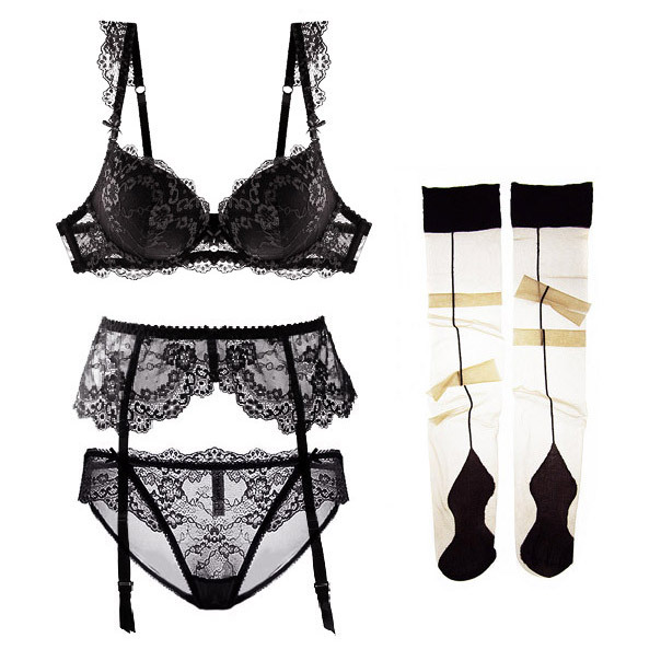  Light Luxury Sexy Black Lace Transparent Ultra-Thin/Side Thick Sponge Lace Cup Bra and Garter Belt 4-Piece Set