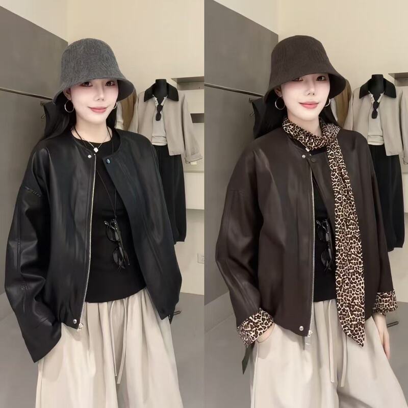 0812【Nana Benefits】Zizi Leopard Print Patchwork Round-Neck Leather Jacket with Scarf, Non-Fading and Non-Exchangeable 0812【Nana Benefits】Zizi Leopard Print Patchwork Round-Neck Leather Jacket with Scarf, Non-Fading and Non-Exchangeable