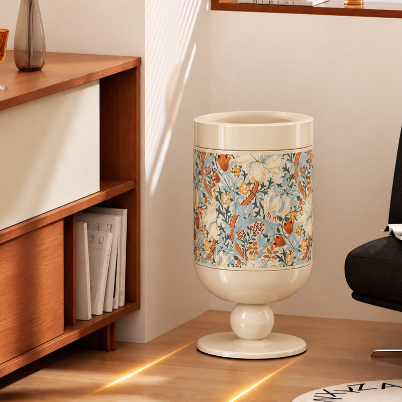 Retro Push-Type Household Trash Can 20L Wine Glass-Shaped Stainless Steel Decorative Bin with Floral Print