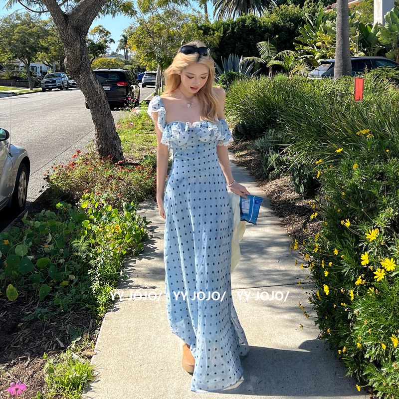 Korean-Style Blue Polka-Dot Ruffled Suspender Dress for Women, Summer Waist-Cinching Slimming Pure Desire Beach Vacation Sleeveless Long Dress