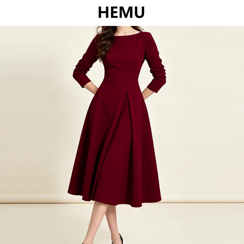 Red Long-Sleeved Dress for Women, French Engagement Dress, Simple and Elegant, High-End and Stylish Long Dress for Early Autumn