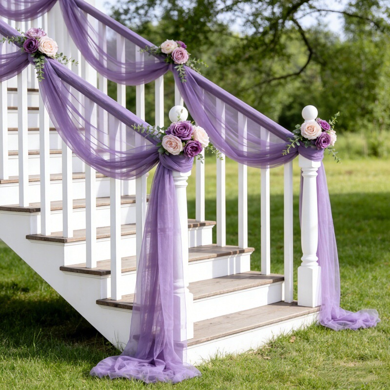 Beautiful Sheer Fabric for Stair Handrail Decoration, Wedding Aisle Drapes, Arches, Party Event Arrangements, and Pearlescent Fabric Beautiful Sheer Fabric for Stair Handrail Decoration, Wedding Aisle Drapes, Arches, Party Event Arrangements, and Pearlescent Fabric