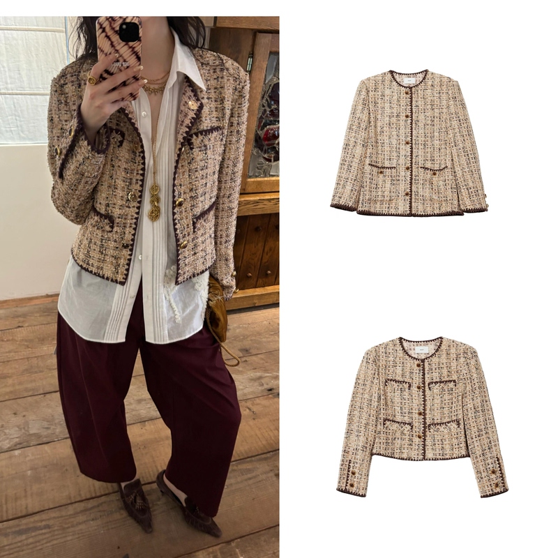 Trendy Tweed Short Jacket for Women, New Autumn 2026 Collection, Gold Light Luxury Long-Sleeve Woven Jacket