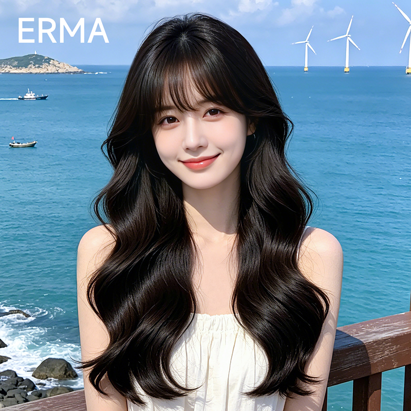 Wig with Big Waves, Full Head Cover for Women, Air Bangs, Long Curly Hair, Natural Seamless Front Hairline, Real Human Hair, Full Head Wig