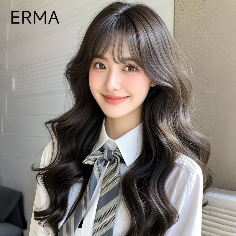 Curly Wig with Big Waves, Full Head Wig for Women, Natural Bangs, Long Curly Hair, Real Hair, Invisible Seamless Wig Set