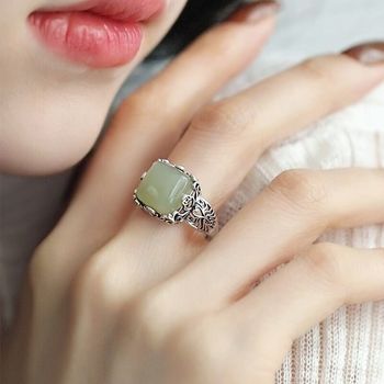 925 silver retro new chinese copper coin sugar cube and tian sapphire ring ring opening adjustment y female hollow high-end sense