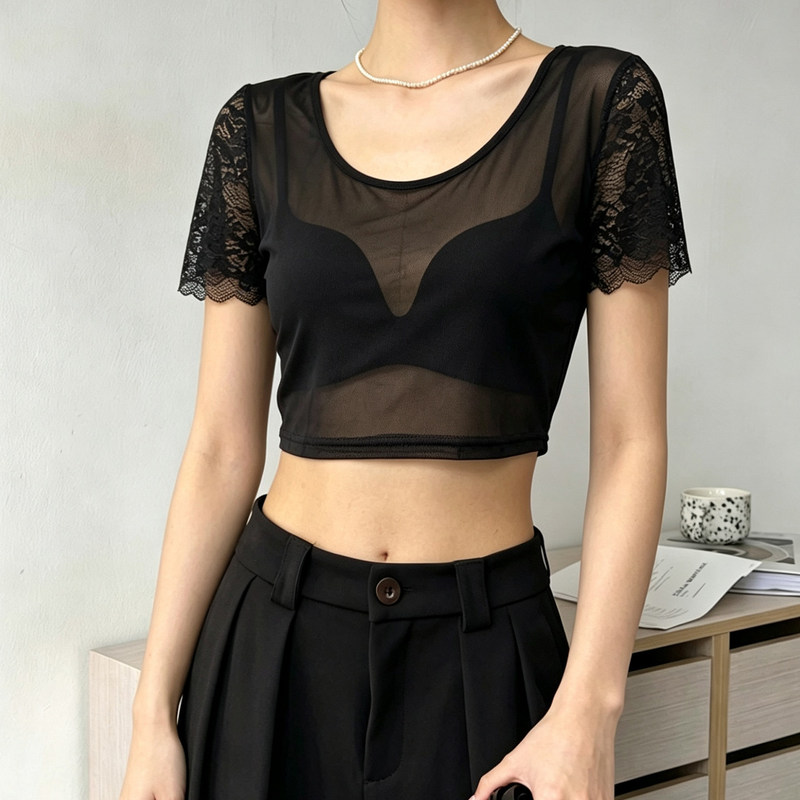 Black Mesh Short-Sleeve T-Shirt for Women, Summer Short Top with Lace Splicing, Thin and Slightly Sheer, Suitable as an Inner Layer or Outerwear