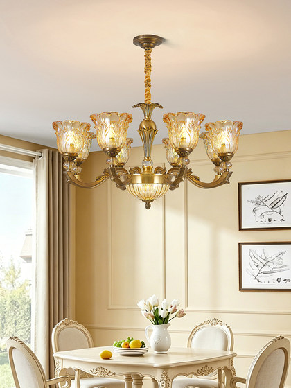 American-Style Retro All-Copper Living Room Chandelier, French Light Luxury Glass Dining Room and Bedroom Lighting Fixtures, High-End European-Style Villa Lamp