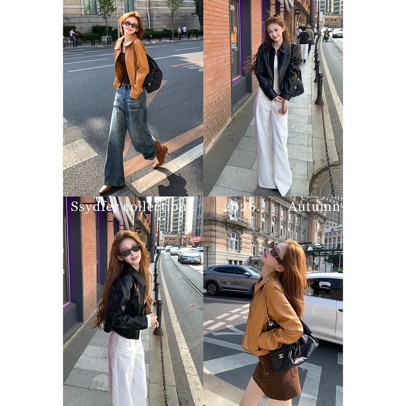 Ssydfer【The Perfect Answer for Autumn】Retro Trendy Short Fashion Leather Jacket for Women Pu Leather Top