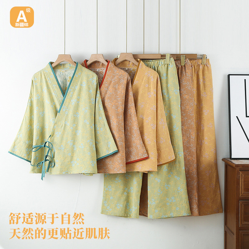 [100% Xinjiang Cotton] Chinese Style Hanfu All-Cotton Gauze Three-Quarter Sleeve Pajamas for Women, Loose-Fitting Home Wear for Spring, Autumn, and Summer