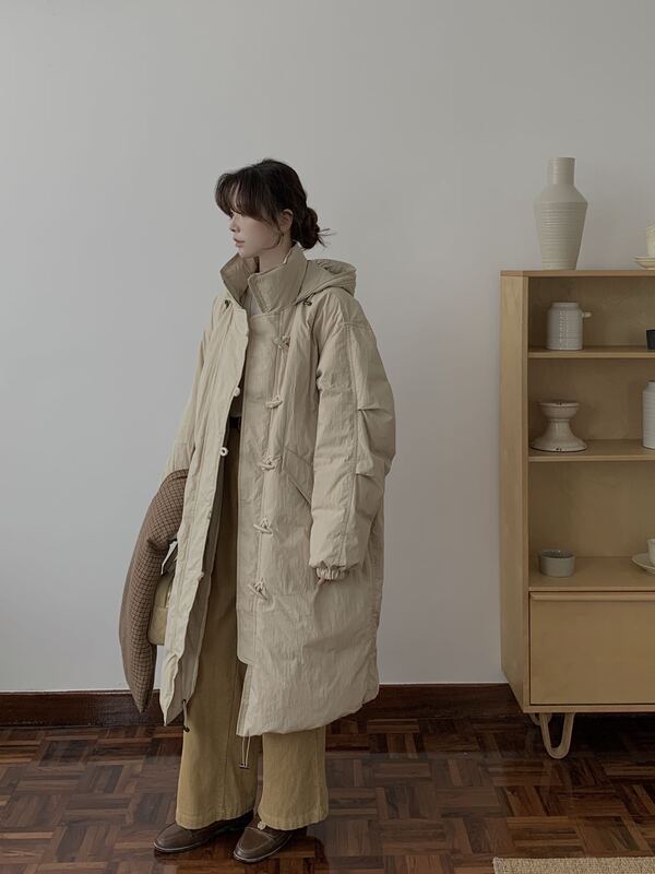 2025 New Korean Style Hooded Toggle Button Mid-Length White Duck down Jacket for Women, Thickened Warm Coat, Trendy Overcoat