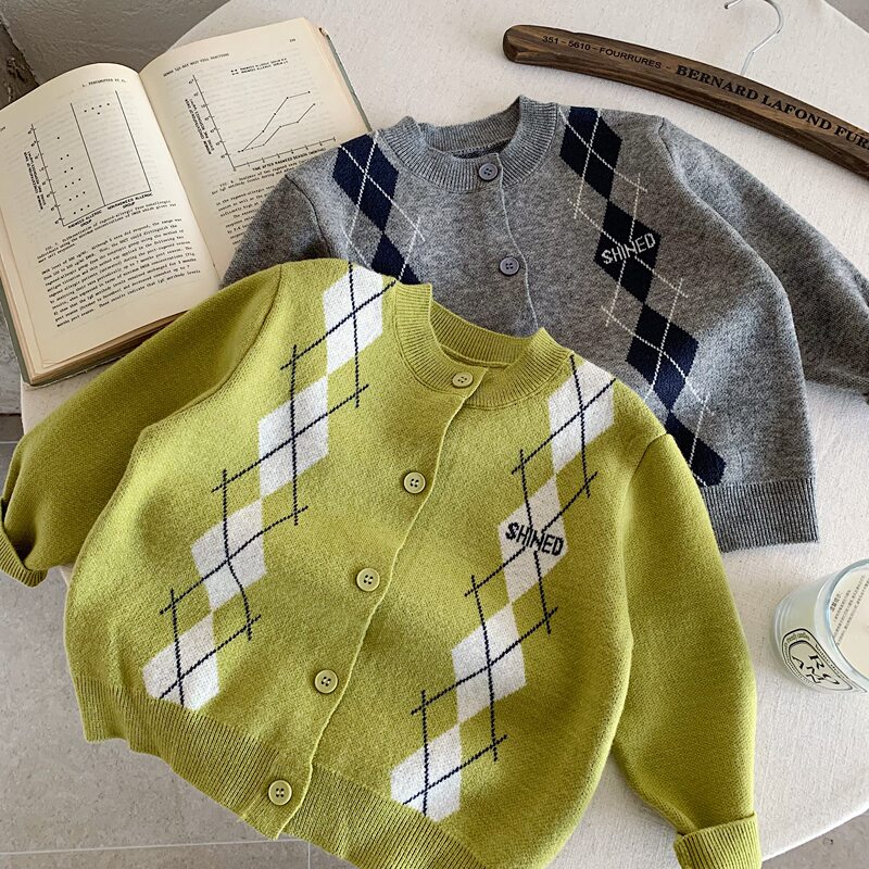 Children's Diamond-Shaped Knitted Cardigan Thin Jacket 2026 Early Spring Boys' Spring Sweater Baby Spring and Autumn Korean Style Outerwear