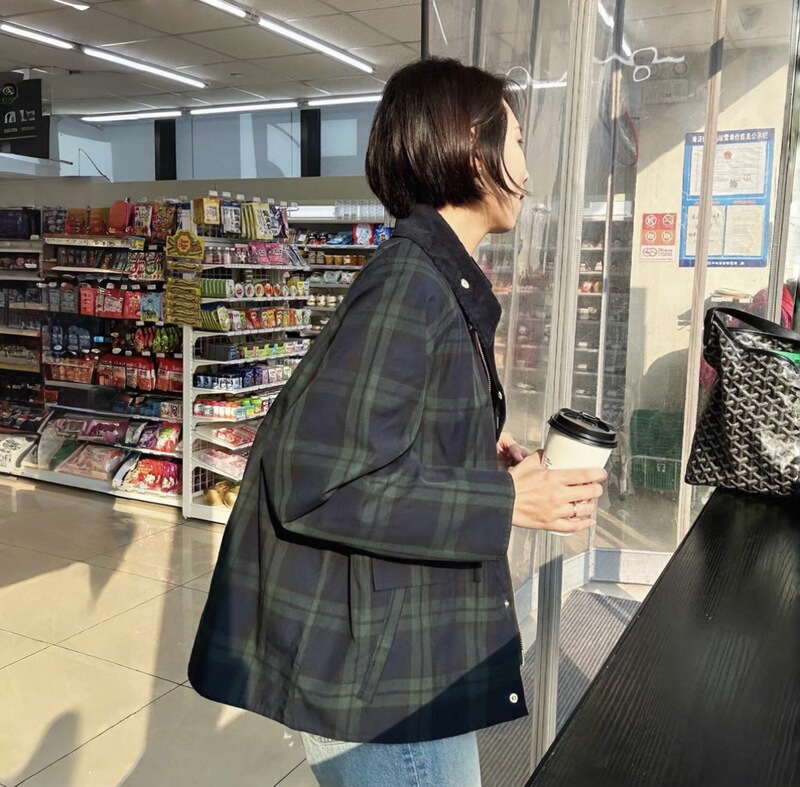 Corduroy Collar Green Plaid Jacket Japanese Niche Casual Versatile Trench Coat Corduroy Collar Green Plaid Jacket Japanese Niche Casual Versatile Trench Coat