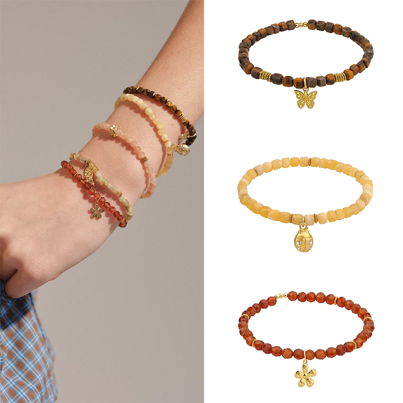 [New Style] Colorful Stone Bracelet with Butterfly Pendant, Multi-Layered Beaded Lucky Bracelet, Versatile Bead Chain