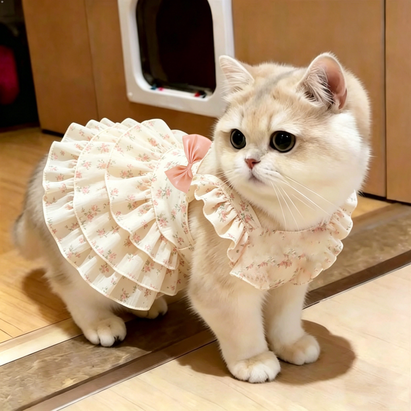 Pet Summer Thin Princess-Style Bow Cake Dress Ragdoll Cat Golden Tabby Calico Cat Flutter Sleeve Dress