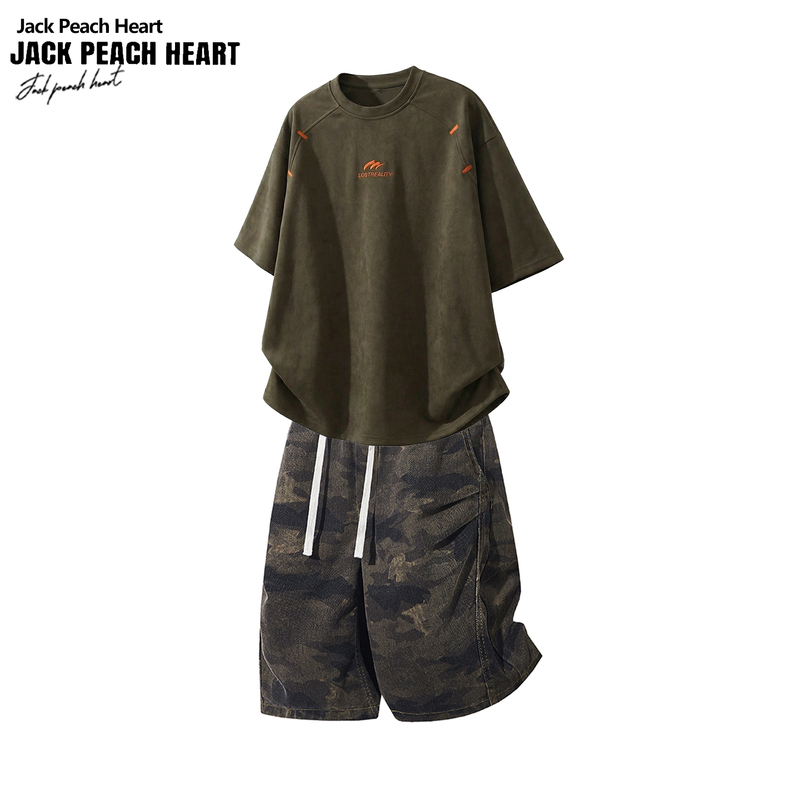Jack Heart American-Style Embroidered Suede Short-Sleeve T-Shirt Men's Summer Retro Camouflage Sports Shorts Men's Set Jack Heart American-Style Embroidered Suede Short-Sleeve T-Shirt Men's Summer Retro Camouflage Sports Shorts Men's Set