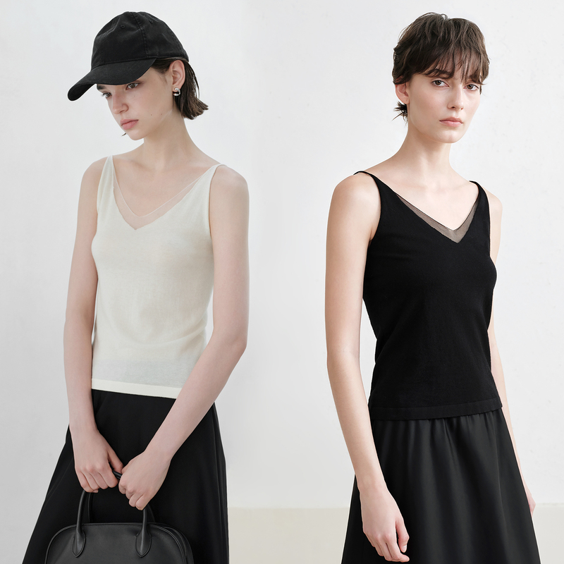 【Aesthetics】Xinfenzi Soft and Skin-Friendly Foggy Mesh V-Neck Patchwork Knit Camisole 【Aesthetics】Xinfenzi Soft and Skin-Friendly Foggy Mesh V-Neck Patchwork Knit Camisole