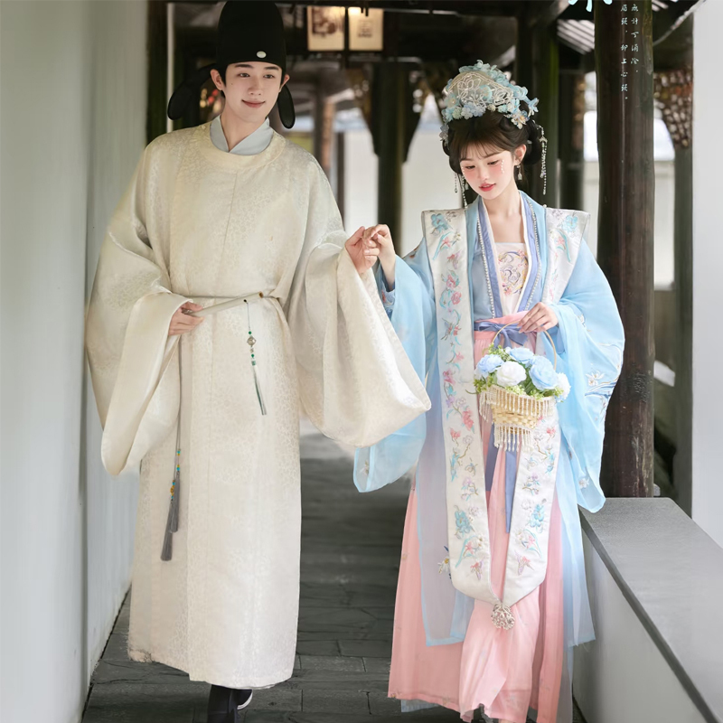 New Tang-Style Couple's Traditional Chinese-Style Heavy Embroidery Xiepei Hairpin Floral Ancient Costume, Song-Style Hanfu Studio Photo Shoot Theme Clothing